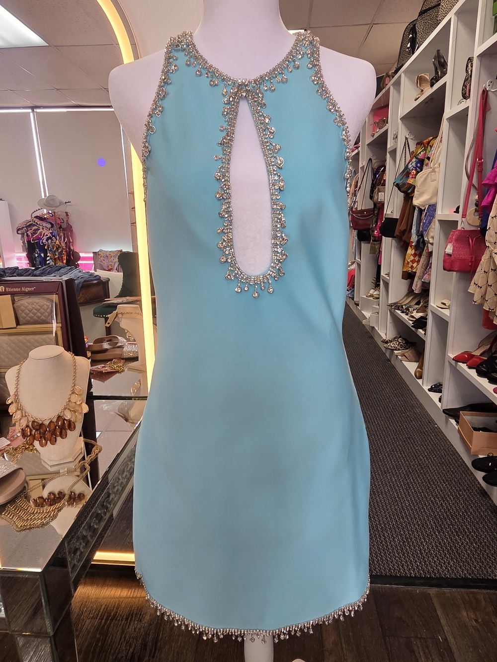Fashion Nova Aqua Beaded Halter Mini Dress